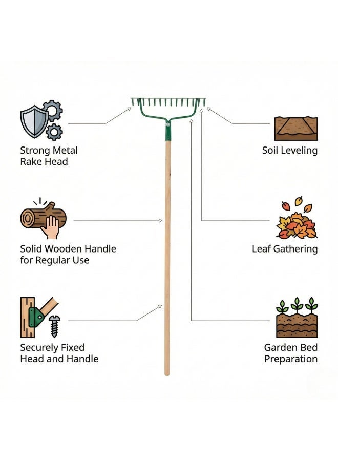 Egardenkart Garden Rake Outdoor - Metal Garden Leaf Rake with Long Wooden Stick for Gardening Tools - Image 2